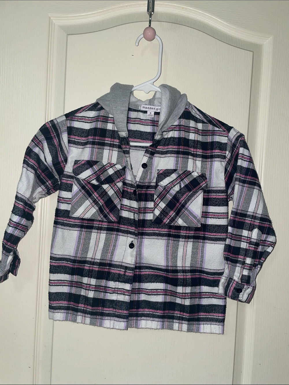 Madden Girl Pink, Black & White Plaid Hooded Button-Up